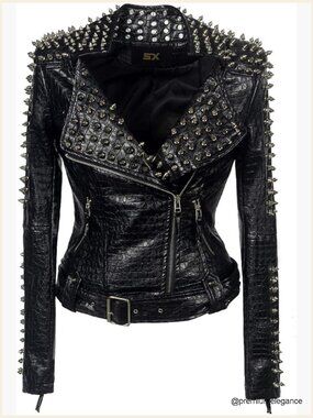 Faux Leather Punk Jacket with Studded Rivets, Asymmetrical Zipper, Streetwear
